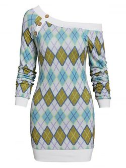 Skew Neck Argyle Sweater Bodycon Dress - MULTI - XXXL