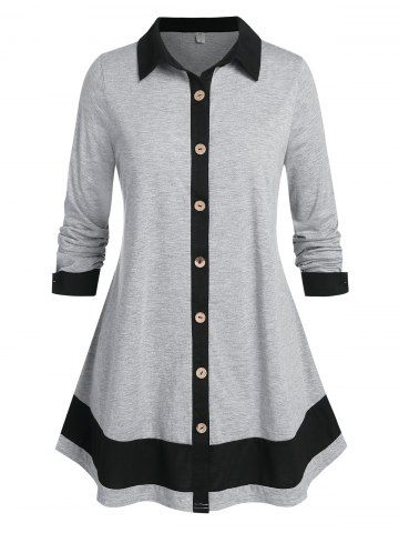 Plus Size Button Up Bicolor Skirted Tunic Shirt - GRAY - 4X