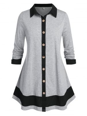 Plus Size Button Up Bicolor Skirted Tunic Shirt