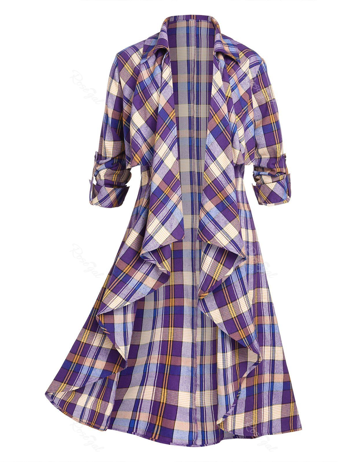 Shops Plus Size Roll Up Sleeve Plaid Draped Open Front Coat  