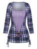 Plaid Print Cinched O-ring Faux Twinset T-shirt -  