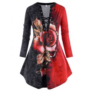 

Plus Size Damask Flower Lace Up Long Sleeve Tee, Red