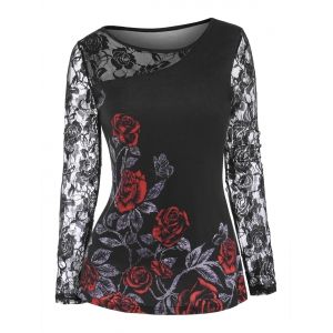 

Lace Insert Floral Print T Shirt, Black