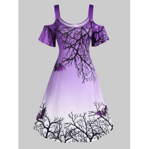 

Plus Size Halloween Cold Shoulder Bat Tree Print Dress, Purple