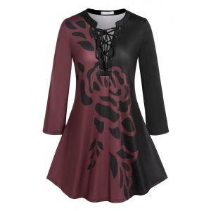 

Plus Size Colorblock Lace Up Flower Print Tee, Deep red