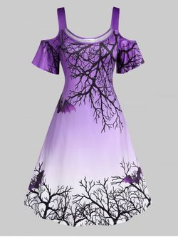 Plus Size Halloween Cold Shoulder Bat Tree Print Dress - PURPLE - 3X