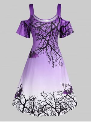 Plus Size Halloween Cold Shoulder Bat Tree Print Dress
