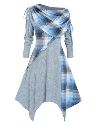 Plus Size  Foldover Cinched Plaid Handkerchief Midi Dress