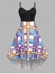 Plus Size Mixed Print Eyelets Maxi High Low Dress -  
