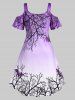 Plus Size Halloween Cold Shoulder Bat Tree Print Dress -  