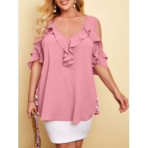 

Plus Size Ruffle Cold Shoulder Chiffon Blouse, Light pink