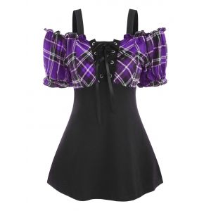 

Lace Up Plaid Open Shoulder Ruffle T Shirt, Purple