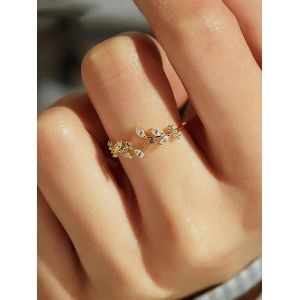 

Rhinestoned Leaves Branch Cuff Ring, Golden