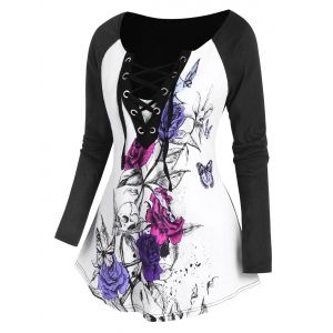 

Raglan Sleeve Flower Skull Print Lace Up T Shirt, Black