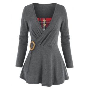 

Mock Button Plaid Insert O Ring Surplice T Shirt, Dark gray