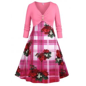 

Plus Size Plaid Floral Print Empire Waist Dress, Light pink