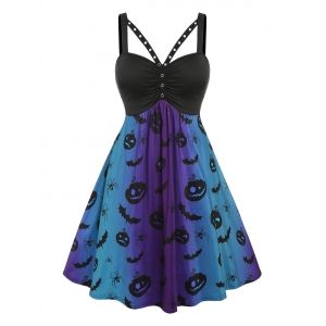 

Plus Size High Waist Pumpkin Spider Print Dress, Black