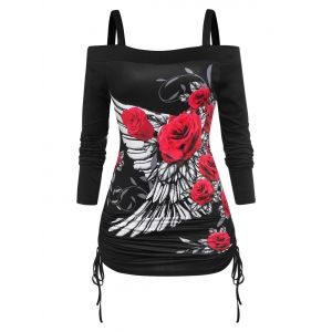 

Plus Size Cold Shoulder Rose Wings Print Cinched T-shirt, Black