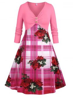 Plus Size Plaid Floral Print Empire Waist Midi Dress - LIGHT PINK - 1X