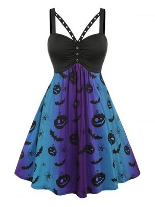 Plus Size High Waist Pumpkin Spider Print Dress