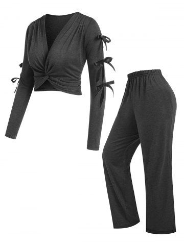 Plus Size Front Twist Bowknot Plunge Tee and Pants Pajamas Set