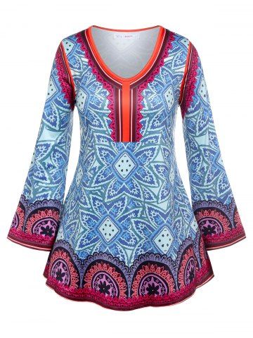 T-Shirt Tunique à Manches Longues Motif Fleurs Style Tribal de Grande-Taille - BLUE - L