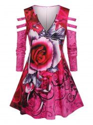 T-shirt Découpé Fleuri Imprimé à Demi-Zip de Grande Taille - Rose clair 5X