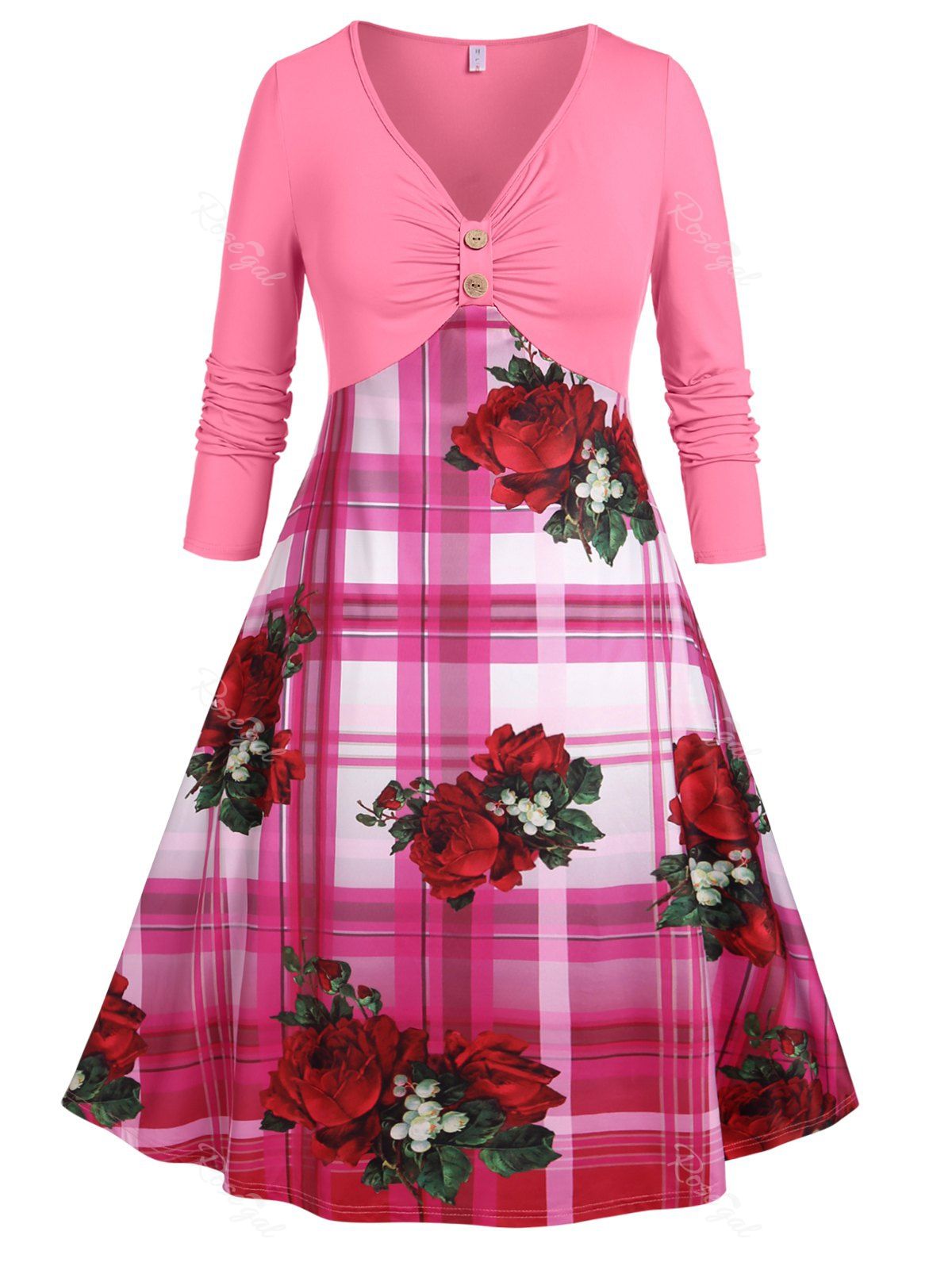 Chic Plus Size Plaid Floral Print Empire Waist Midi Dress  