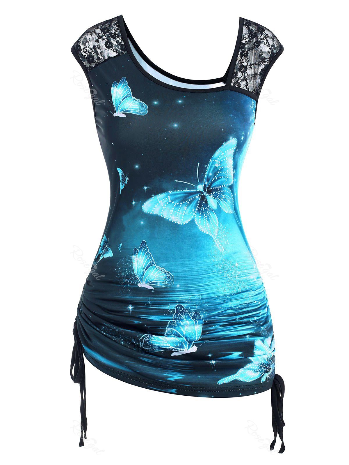 Affordable Lace Panel Cinched Galaxy Butterfly Print Tank Top  