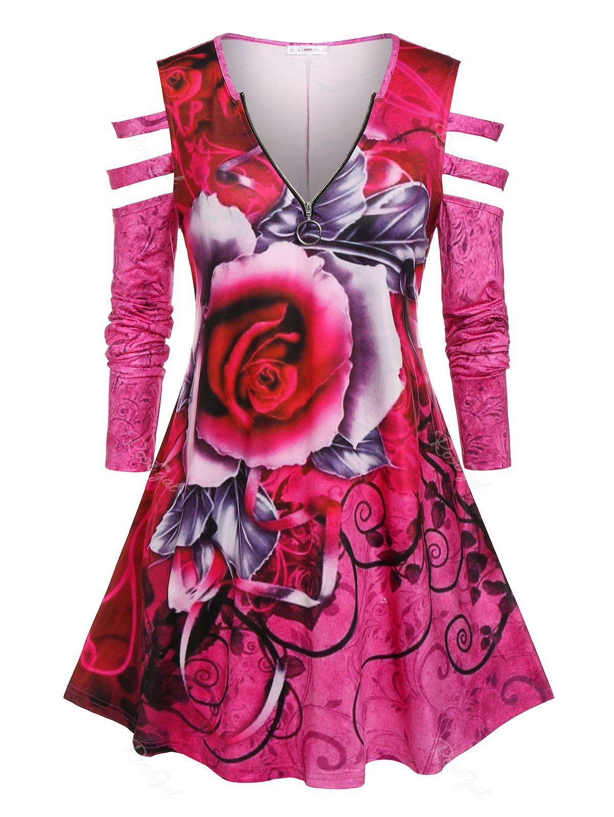 T-shirt Découpé Fleuri Imprimé à Demi-Zip de Grande Taille Rose clair 5X