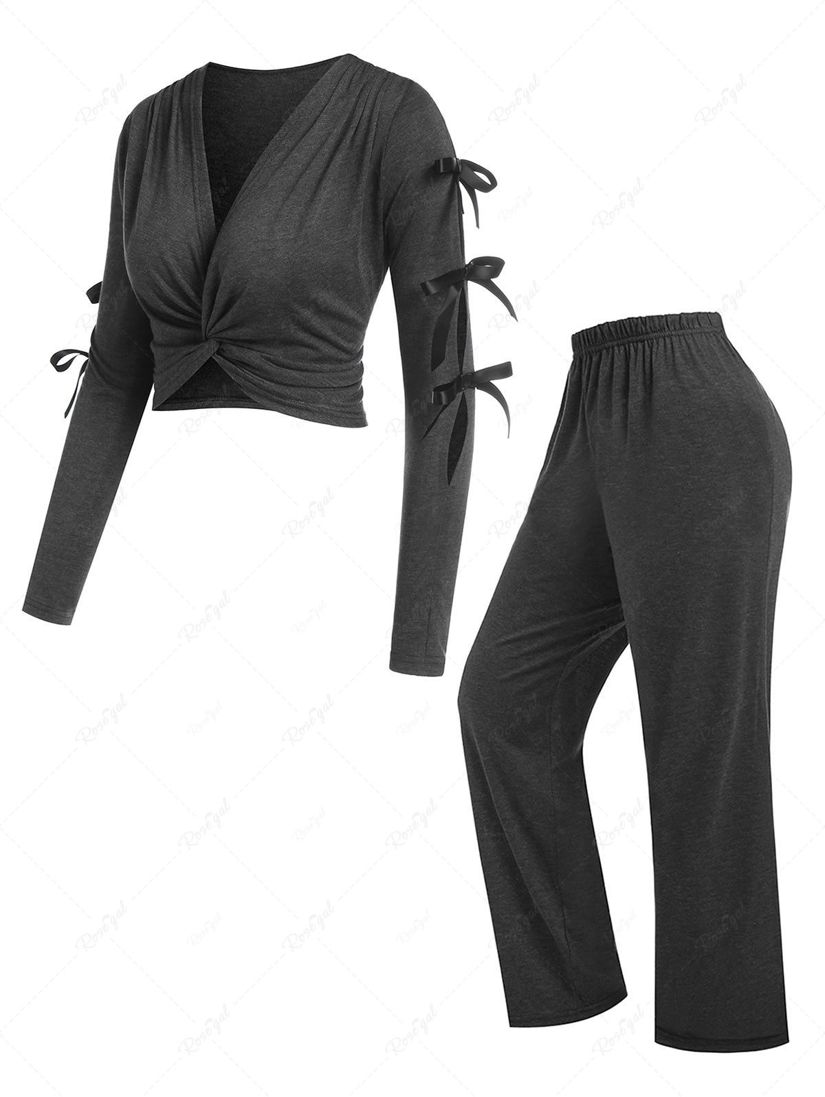 Unique Plus Size Front Twist Bowknot Plunge Tee and Pants Pajamas Set  