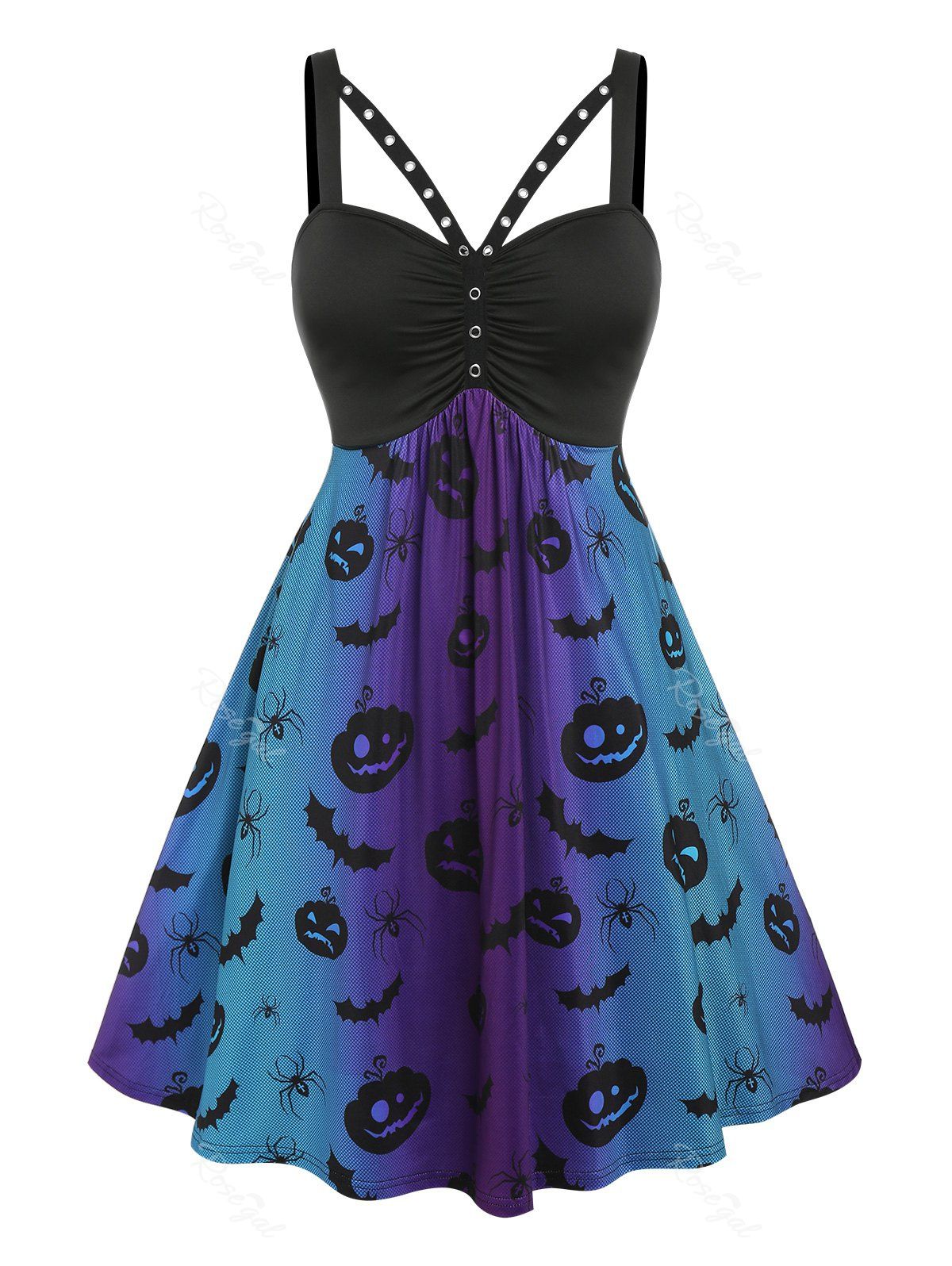 Chic Plus Size High Waist Pumpkin Spider Print Halloween Dress  