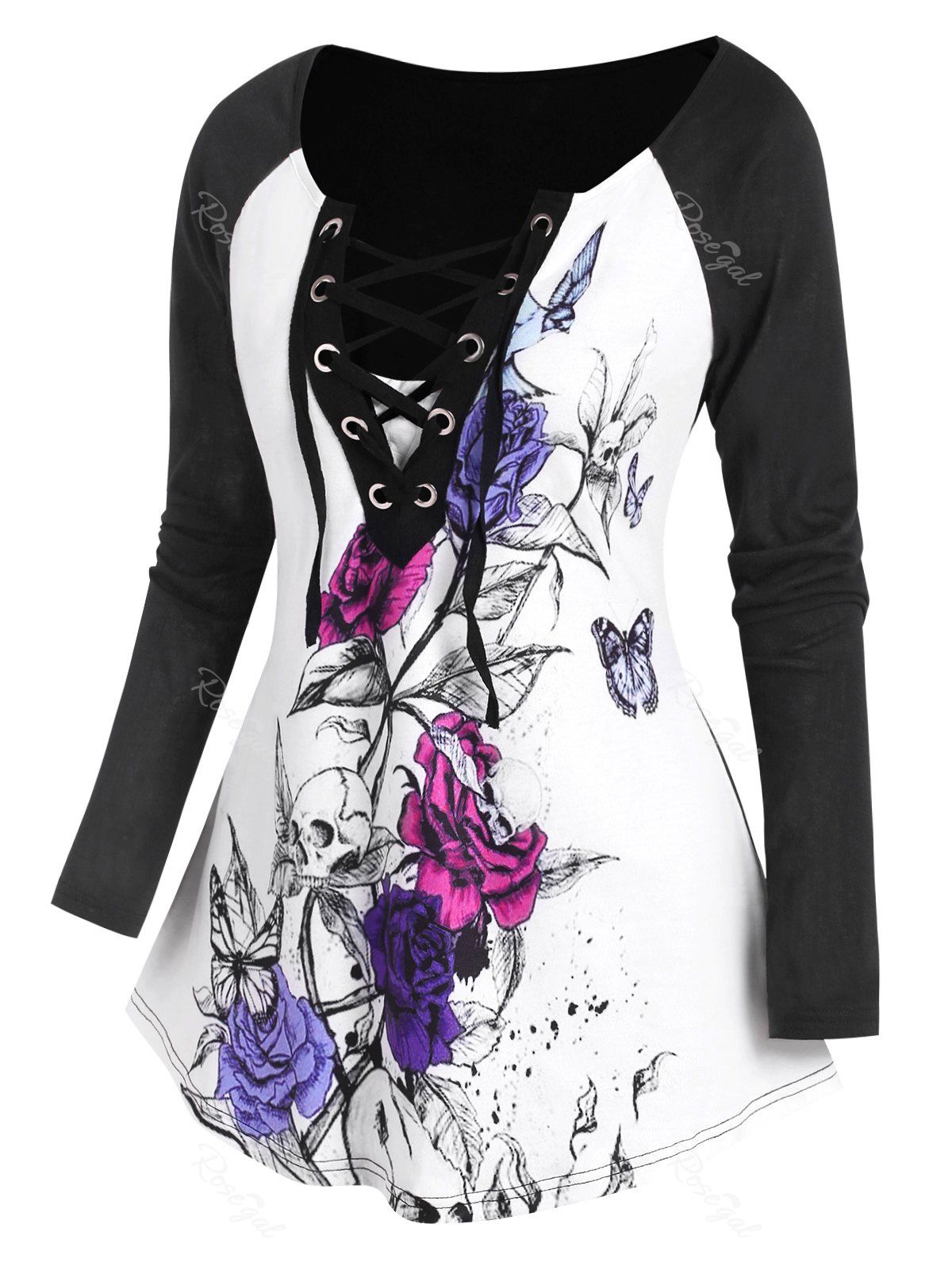 Trendy Raglan Sleeve Flower Skull Print Lace Up T Shirt  