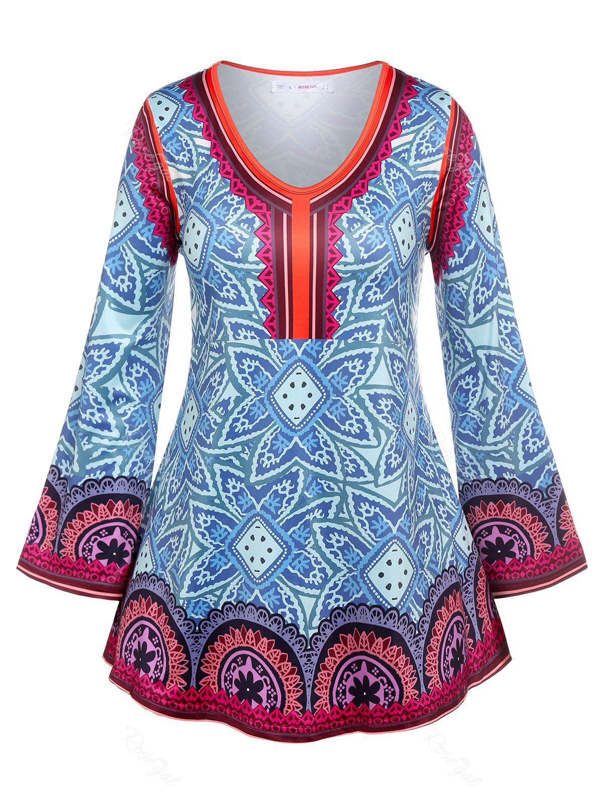 T-Shirt Tunique à Manches Longues Motif Fleurs Style Tribal de Grande-Taille Bleu 2X