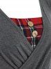 Mock Button Plaid Insert O Ring Surplice T Shirt -  
