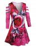 Plus Size Floral Print Half Zipper Ladder Cutout T-shirt -  