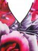 Plus Size Floral Print Half Zipper Ladder Cutout T-shirt -  