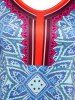 T-Shirt Tunique à Manches Longues Motif Fleurs Style Tribal de Grande-Taille - Bleu 2X