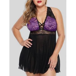 

Plus Size Lace Mesh Insert Criss Cross Lingerie Babydoll, Purple