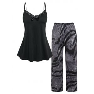 

Plus Size Tie Dye Lace Panel Bowknot PJ Pants Set, Black