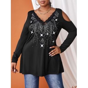 

Plus Size Cold Shoulder Lace Insert Polka Dot T Shirt, Black