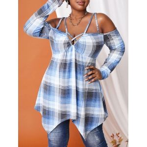 

Plus Size Crisscross Cold Shoulder Plaid Handkerchief Tee, Light blue