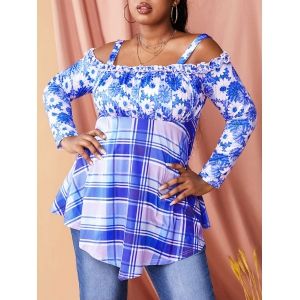 

Plus Size Flower Plaid Print Cold Shoulder T-shirt, Light blue