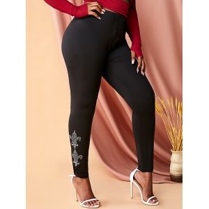 

Plus Size Diamante Fleur-de-lis High Waisted Pants, Black