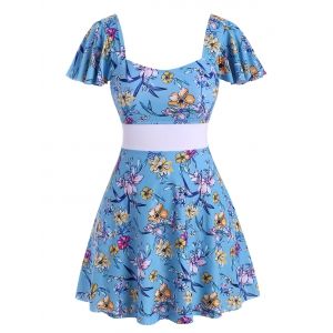 

Plus Size Flower Print Flutter Sleeve Skirted Two Piece Swimwear, Light blue