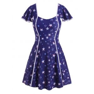 

Plus Size Star Print Flutter Sleeve Skirted Two Piece Swimwear, Deep blue