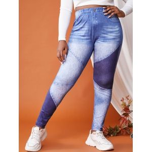 

Plus Size Color Block 3D Print Skinny Jeggings, Blue