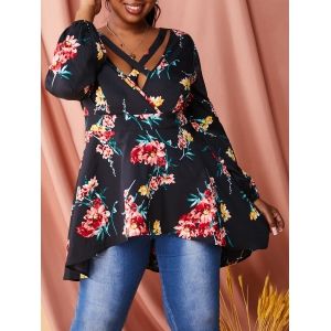 

Plus Size Floral Print Criss-cross High Low Top, Black