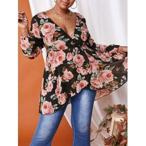 

Plus Size Flower Print Surplice High Low Chiffon Top, Black