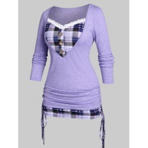 

Plus Size Cinched Plaid 2 in 1 T-shirt, Purple